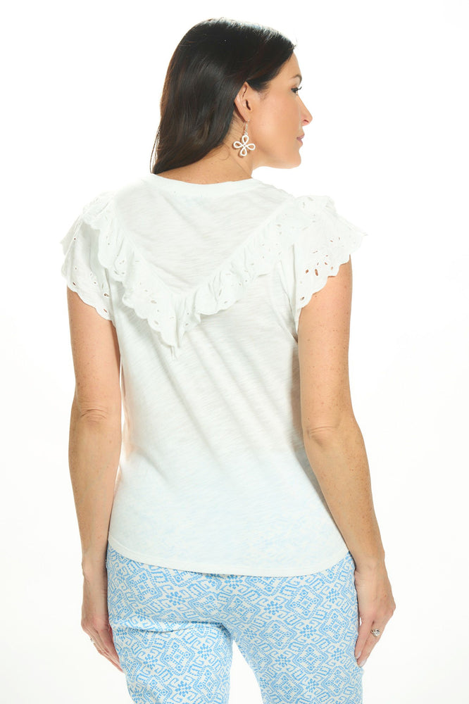 Back image of white Democracy short sleeve yoke top. 