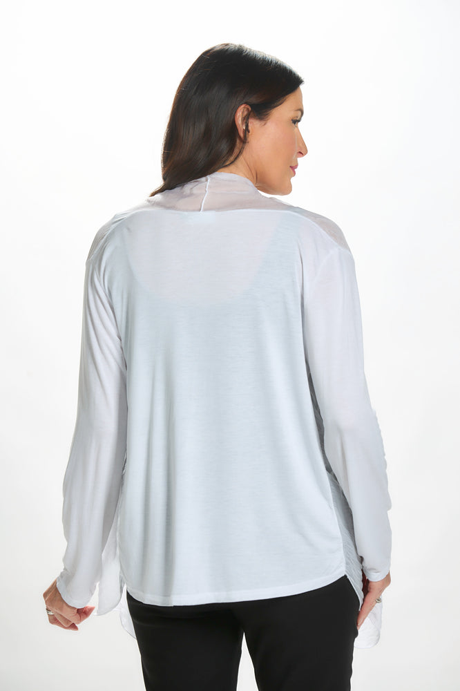 Back image of white knit back silk cardigan by made in italy. 