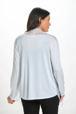 Back image of white knit back silk cardigan by made in italy. 