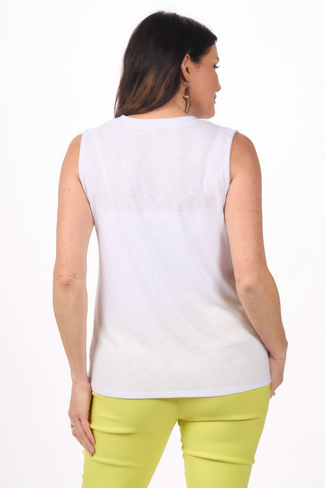 Back image of nally&millie white v neck tank with notch hem.