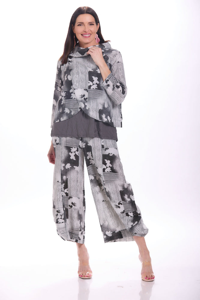 Front image of Shana pull on black and white printed pants. 