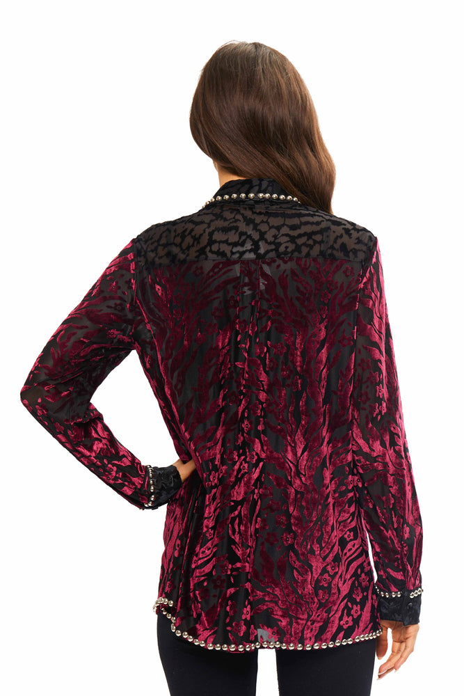 Back image of Adore wine printed button front velour top. 