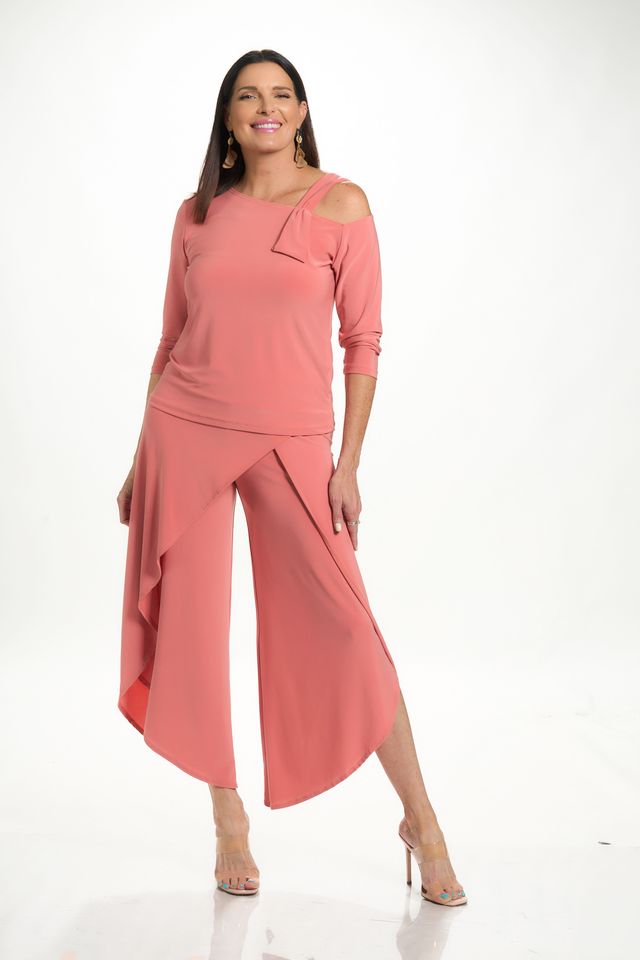 Front image of Mimozza peach wrap pants. 